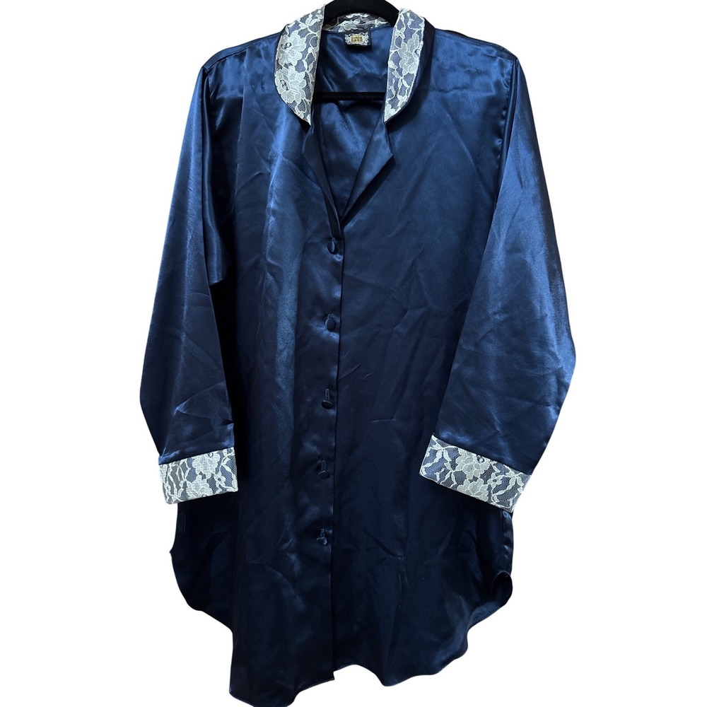 Circa 2000 Navy Blue Satin Lace Trim Button Front Sleep Shirt Nightgown XL